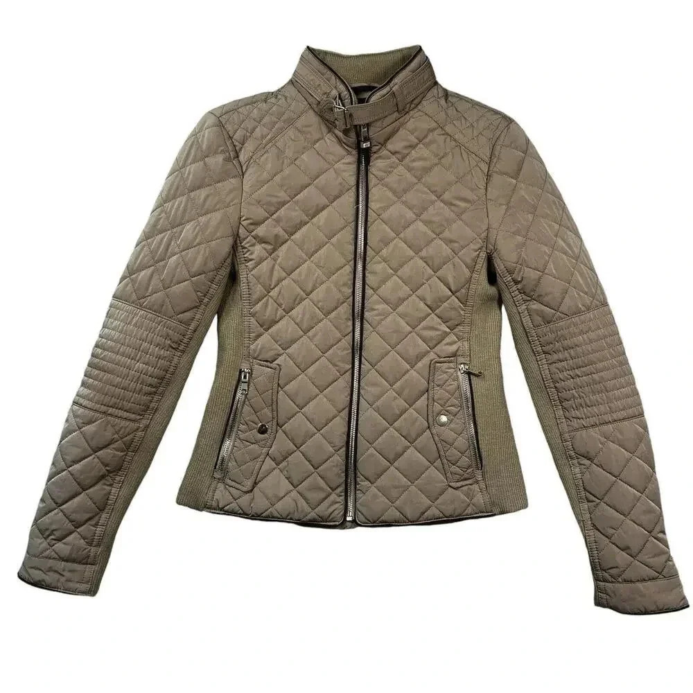 Zara Woman Quilted Jacket Camel Tan Contrasting Trim Buckle Neck Size Small